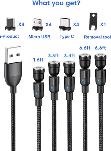 كابل شحن مغناطيسي (4 عبوات، 3.3 قدم/3.3 قدم/6.6 قدم/6.6 قدم)/كابل شحن USB C مغناطيسي يدور 360 درجة و180 درجة مع كابل شاحن LED/مغناطيسي/سلك شاحن هاتف مغناطيسي مجدول من النايلون لمزيد من الأجهزة in Kuwait