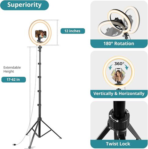 Eicaus 12" Ring Light with Tripod Stand and Phone Holder,Selfie LED Lighting with 62" Phone and Stand,Circle Ringlight for Photography,TIK Tok and YouTube,Compatible with iPhone, Android and Cameras in Kuwait