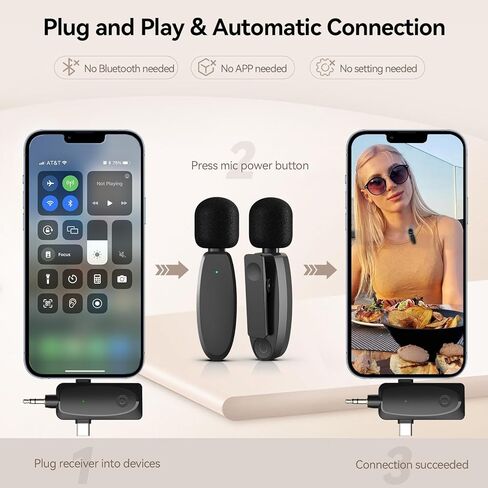 ميكروفون MAXDORIA اللاسلكي Lavalier، ميكروفون لاسلكي بمشبك لهاتف iPhone، iPad، هاتف من النوع C، ميكروفون صغير مع علبة شحن 600 مللي أمبير في الساعة، ميكروفون لاسلكي لتسجيل الفيديو، المقابلة، Tiktok، YouTube، إلخ in Kuwait