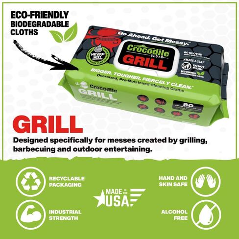 Crocodile Cloth Grill - 80 (15" x 10") Biodegradable Cleaning Wipes. Safe on Skin & Multiple Surfaces. Infused with Aloe & Vitamin E. Large, Pre-Moistened & Absorbent. in Saudi Arabia