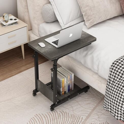 Adjustable Height C Table Sofa Side Bedside Table with Wheels, Hospital Bed Table Rolling Tray with Storage, Mobile Computer Desk Laptop Table for Home Use,Gray in Saudi Arabia