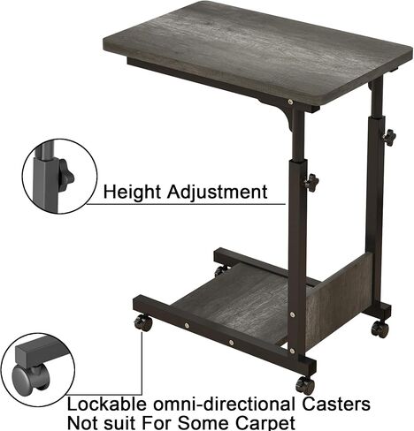 Adjustable Height C Table Sofa Side Bedside Table with Wheels, Hospital Bed Table Rolling Tray with Storage, Mobile Computer Desk Laptop Table for Home Use,Gray in Saudi Arabia