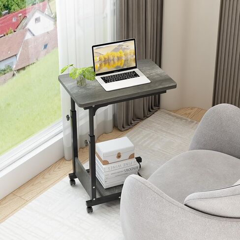 Adjustable Height C Table Sofa Side Bedside Table with Wheels, Hospital Bed Table Rolling Tray with Storage, Mobile Computer Desk Laptop Table for Home Use,Gray in Saudi Arabia