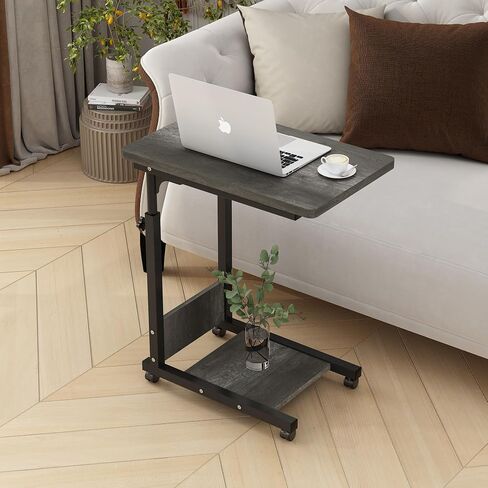 Adjustable Height C Table Sofa Side Bedside Table with Wheels, Hospital Bed Table Rolling Tray with Storage, Mobile Computer Desk Laptop Table for Home Use,Gray in Saudi Arabia