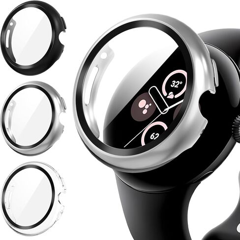 Suoman 3-Pack for Google Pixel Watch 3/2/1 41mm Case, [Anti-Scratch] 9H Tempered Glass Screen Protector+ All-Round PC Glossy Protective Cover Bumper in Saudi Arabia