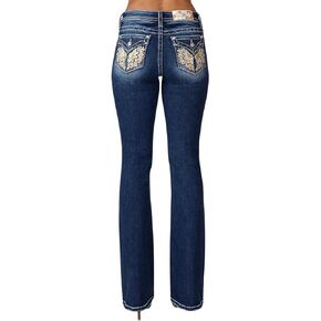 Miss Me Women's Mid-Rise Cowgirl Angel Wings Embellished Faux Flap Pockets Bootcut Jeans
