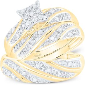 His and Hers Bridal Womens and Mens Engagment and Wedding Band Complete Trio Matching Wedding Rings Set 10K Yellow Gold Round Diamond Square 1/3 Cttw
