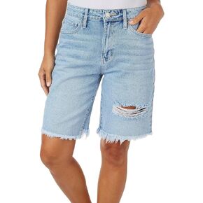 YMI Women's Junior High Rise Frayed Distressed Hem Boyfriend Long Denim Shorts