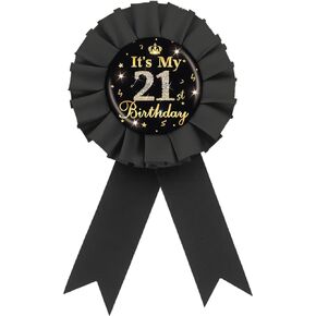 It's My 21st Birthday Tinplate Badge Pin, Gold Diamond Happy 21st Birthday Button Pin, 21 & Fabulous Birthday Black Rosette Award Ribbon Pin for Women, Brooch Buttons for Twenty One Years Old Birthday Party Decoration