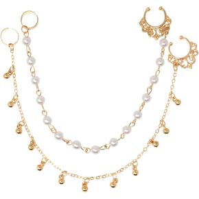 Honbay 2PCS Fashion Nose Ring with Chain Nose to Ear Chain with Tassel Pearl Fake Septum Ring Non-Piercing Nose Ring Indian Belly Dance Party Nose Accessories Body Jewelry for Women and Girls
