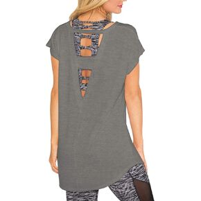 Women's Short Sleeve Crewneck Shirts Large V Back Cut Out Workout Casual T-Shirt Loose Tops