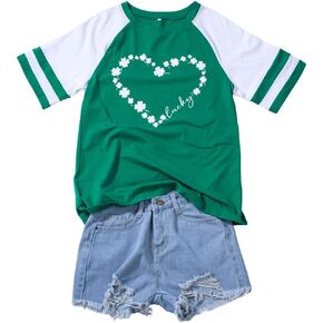 Women St Patrick's Day Clover Raglan Color Block T-Shirt Blessed Lucky Irish Short Sleeve Shirt Shamrock Graphic Tee Tops