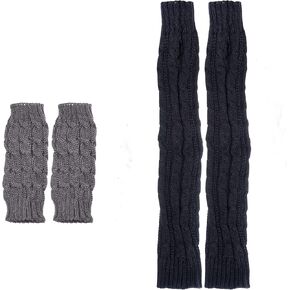 Eco-Fused 2 Pairs Arm Warmers - Knitted Fingerless Gloves with Thumbholes - Suitable for Women Teens - Indoor Outdoor Use - Short and Long Pairs (Black and Grey) in Kuwait