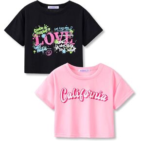 Serdomi Stylish Graffiti/Butterfly/Tropical Crop Top for Little & Big Girls - Cool Summer T-Shirt 2-Pack Clothes Size 6-18 in Kuwait
