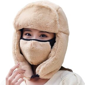 Womens Winter Warm Faux Fur Trapper Hat Windproof Cap Ear Flaps Winter Hat Russian Ushanka Snow Cap Adults 22-23.5 inches