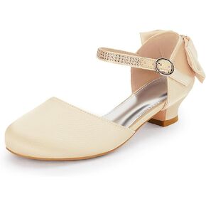 Coutgo Girls Mary Jane Shoes Low Heel Satin Bow Rhinestone Ankle Strap Closed Toe Wedding Uniform Dress Shoes