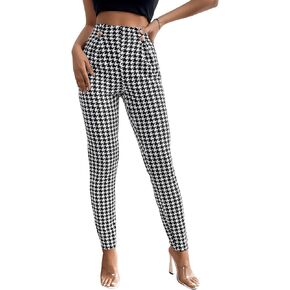 SweatyRocks Women's High Elastic Waisted Plaid Leggings Wide Waistband Stretchy Skinny Work Pants