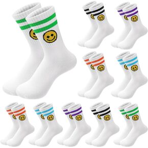 10 Pairs Cute Smiling Face Socks Cotton Striped Tube Socks Novelty Funny Crew Double Stripes Smile Athletic Socks for Women Girls