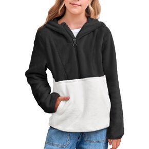 Imily Bela Girls Fuzzy Sherpa Hoodies Kids Trendy Fleece Color Block Half Zip Pullover Sweatshirt with Pocket