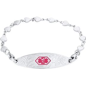 Personalize Feminine Antique Style Floral Leaf Scroll Pink Tag Medical ID Heart Link Chain Bracelet Thin Engrave For Women Teen Silver Tone Stainless Steel 7.5"Customizable in Saudi Arabia