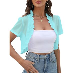 Womens Short Sleeve Shrug Summer Ruffle Tie Open Front Tops Chiffon Sheer Bolero Jacket Crop Cardigan in Kuwait