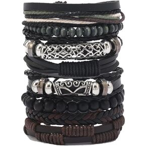 Punk Leather Bracelet for Men Leather 8-10 PCS Braided Cuff Bracelet Wooden Beads Skull Metal Leather Bracelet