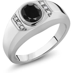 Gem Stone King 925 Sterling Silver Black Sapphire and White Created Sapphire Men's Ring (1.72 Ct Oval 8X6MM, Available in size 7, 8, 9, 10, 11, 12, 13)