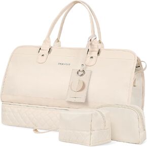 Travgo Weekender Bags for Women Travel, 60L Travel Duffle Bag with Shoe Compartment & Wet Pocket,Carry on Tote Bags with USB Charging Port for Airplanes, Hospital, Sports,Gift (Beige)
