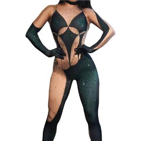 Yoyomomozi Rhinestone Printed Jumpsuit Green Gloves Sexy Performance Singer Show Stage Club Party Birthday Costumes Spandex
