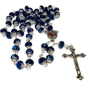 LION OF JUDAH MARKET / Bethlehem Gifts TM Deep Blue Crystal Beads Religious Rosary Catholic Necklace Holy Land Soil Medal Cross Crucifix 