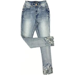 S-JACOL Women's High Rise Stretch Embroidered Sequins Slim Skinny Denim Jeans Tenths Pants