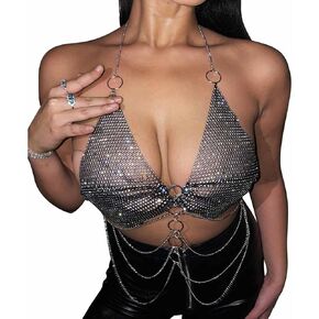 Reetan Rhinestone Body Chain Silver Layered Chest Chain Ring Party Bra Chain Fashion Body Jewelry for Women and Girls