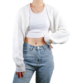 Women Long Sleeve Open Front Bolero Shrug, White Knitted Bolero Crop Cardigan Shoulder Shrug for Women Girls