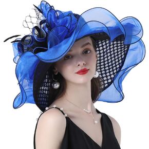 Go Mai Ladies Sun Hat with Mesh Flower Decoration Wide Brim Hat Occasion Event Organza Fancy Church Dress Hat