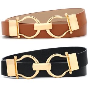 WHIPPY عبوة من 2 أحزمة جلدية رفيعة للسيدات حزام خصر رفيع مع إبزيم ذهبي لفساتين الفساتين in Kuwait