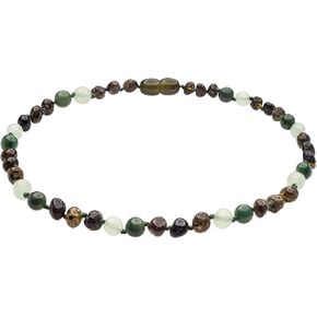 Genuine Amber Necklace From Baltic Sea Made With Polished Green African Jade Aventurine 45 cm (17.7 Inches)
