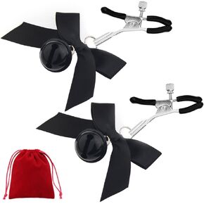 Bow-Knot Bell Pendant Nipple Clips Adjustable Non-Piercing Breast Nipple Clamps Rave Nipple Body Jewelry (Black B)