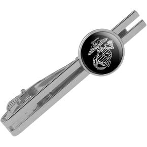 Marines USMC White on Black Logo Round Tie Bar Clip Clasp Tack Silver