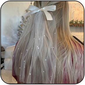 JONKY Pearl Wedding Veil Hair Comb White Tulle Short Veils with Bowknot Bachelorette Party Headpiece Bridal Shower Hair Accessory for Women