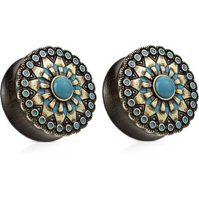 Pierced Owl - Turquoise Antique Gold Plated Tribal Sun Organic Ebony Wood Double Flared Saddle Plugs, Sold as a Pair