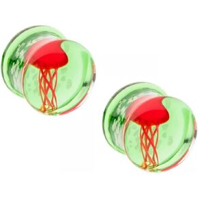 Pierced Owl Green Glass with Red Floating Jellyfish Double Flared Plugs, Sold As Pair