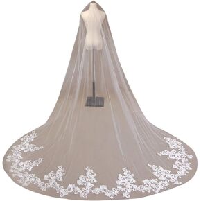 MisShow 2 Tier White Ivory Wedding Veils Lace Applique Sequins Cathedral Length Bridal Veil+Comb