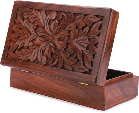Ajuny Hand Carved Wooden Decorative Jewelry Storage Box Leaf Design Vintage Style - Multipurpose Use As Watch Box, Treasure Chest Box Great For Gifts - Brown, 10x6 Inch in Saudi Arabia