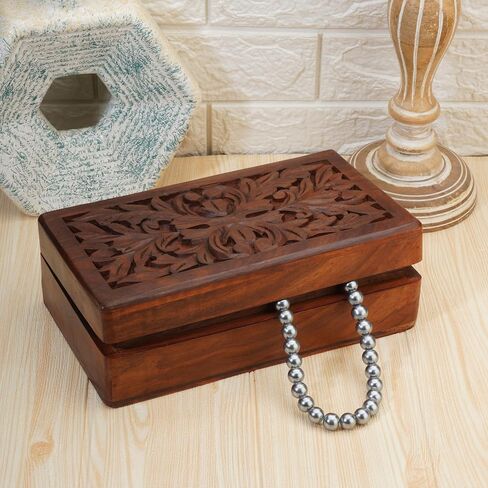 Ajuny Hand Carved Wooden Decorative Jewelry Storage Box Leaf Design Vintage Style - Multipurpose Use As Watch Box, Treasure Chest Box Great For Gifts - Brown, 10x6 Inch in Saudi Arabia