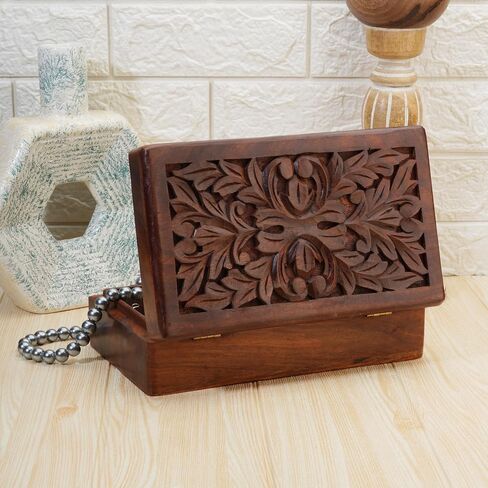 Ajuny Hand Carved Wooden Decorative Jewelry Storage Box Leaf Design Vintage Style - Multipurpose Use As Watch Box, Treasure Chest Box Great For Gifts - Brown, 10x6 Inch in Saudi Arabia