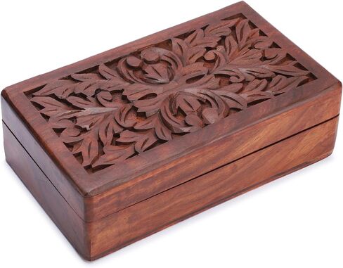 Ajuny Hand Carved Wooden Decorative Jewelry Storage Box Leaf Design Vintage Style - Multipurpose Use As Watch Box, Treasure Chest Box Great For Gifts - Brown, 10x6 Inch in Saudi Arabia