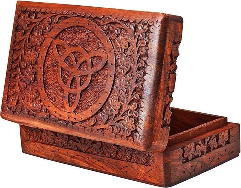 Ajuny Hand Carved Wooden Decorative Jewelry Storage Box Leaf Design Vintage Style - Multipurpose Use As Watch Box, Treasure Chest Box Great For Gifts - Brown, 10x6 Inch in Saudi Arabia