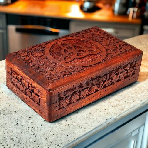 Ajuny Hand Carved Wooden Decorative Jewelry Storage Box Leaf Design Vintage Style - Multipurpose Use As Watch Box, Treasure Chest Box Great For Gifts - Brown, 10x6 Inch in Saudi Arabia