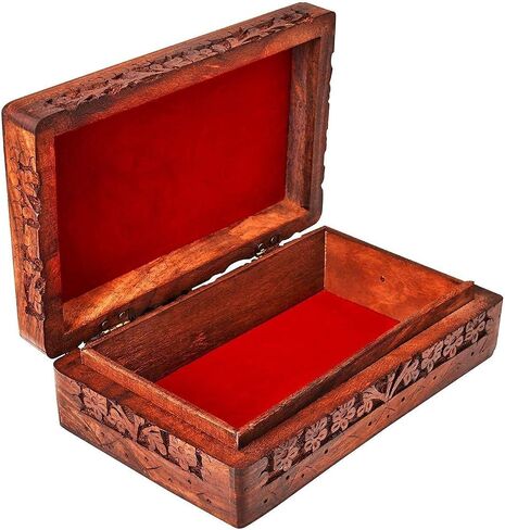 Ajuny Hand Carved Wooden Decorative Jewelry Storage Box Leaf Design Vintage Style - Multipurpose Use As Watch Box, Treasure Chest Box Great For Gifts - Brown, 10x6 Inch in Saudi Arabia