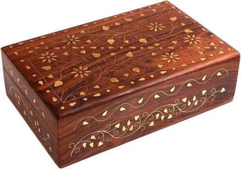 Ajuny Hand Carved Wooden Decorative Jewelry Storage Box Leaf Design Vintage Style - Multipurpose Use As Watch Box, Treasure Chest Box Great For Gifts - Brown, 10x6 Inch in Saudi Arabia